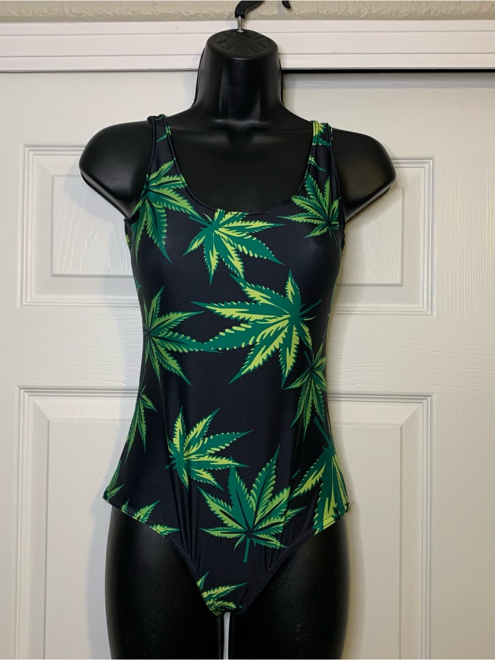 Stoner Black One-Piece Swimsuit with Pot Leaf Print